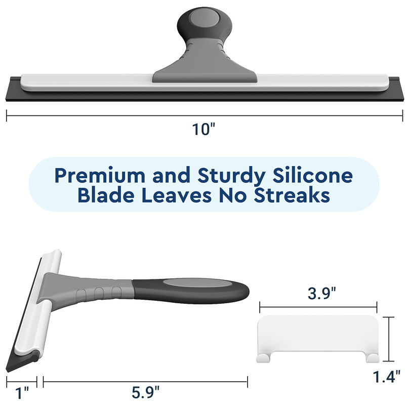 [Australia] - Space Saving & Detachable Silicon Shower Squeegee for Glass, Door, Mirror, Windows & Tile Walls, Portable Clean Tools with One Hook & One Adhesive, Stainless Steel-10 Inches (Gray) 10-Inch Gray 
