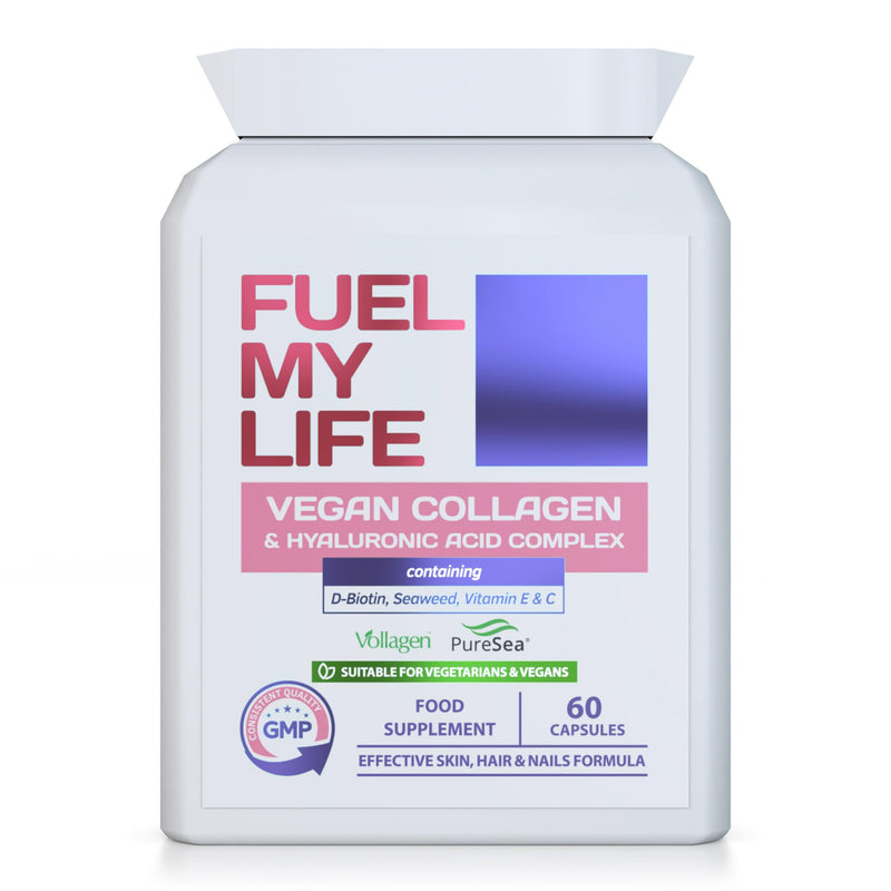 Vegan Collagen & Hyaluronic Acid Complex - 60 Capsules - Effective Skin, Hair & Nails Formula with 500mg of Vollagen in The Exact Amino ratios of Human Collagen - D-Biotin, Seaweed, Vitamins E&C