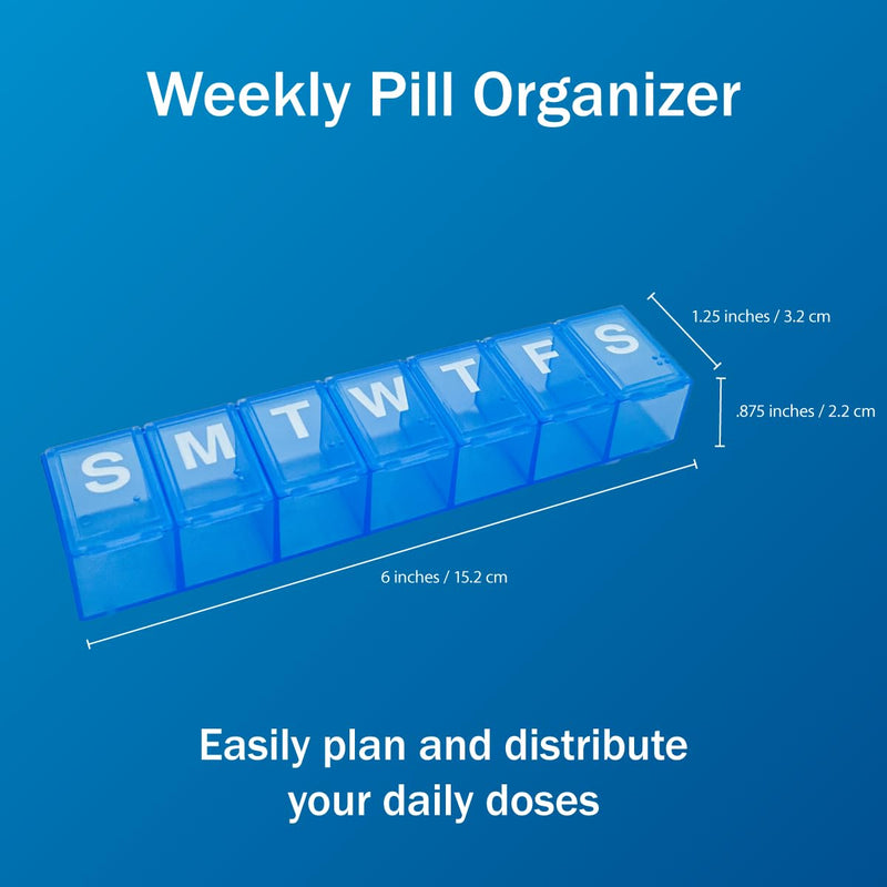 Amazon Basic Care 7-Day Weekly Pill Organizer, Portable Medicine and Vitamin Planner Box with Medium Compartments, Blue (Pack of 2) 1 Count (Pack of 2)