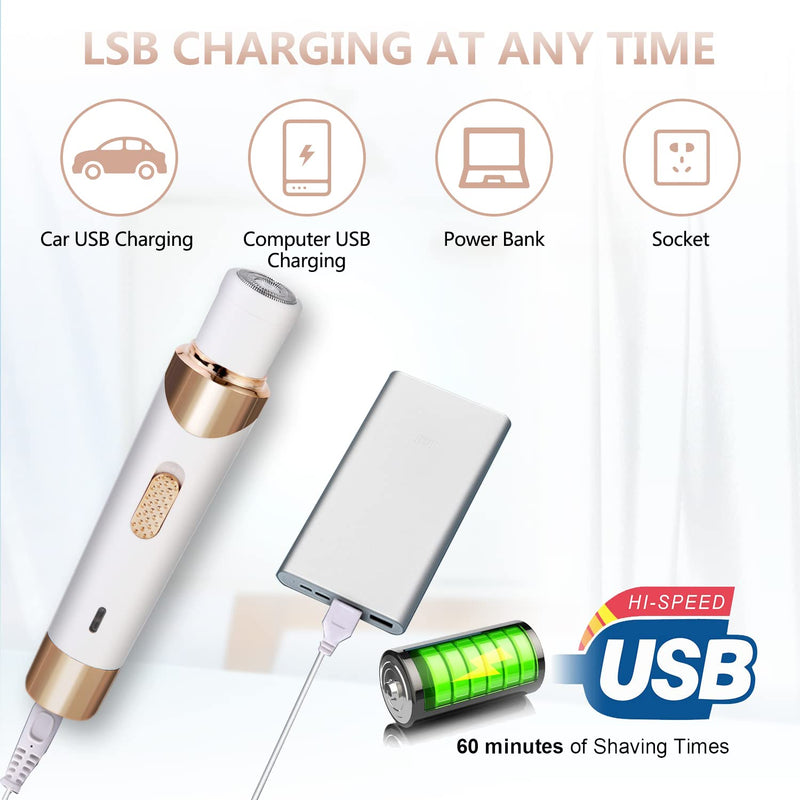 [Australia] - Electric Razor for Women Bikini Trimmer, MKIOVH Women's Cordless Portable 4 in 1 Painless Shaver, for face Legs Brows Nose Detachable Head USB Rechargeable Hair Trimmer (White) White 