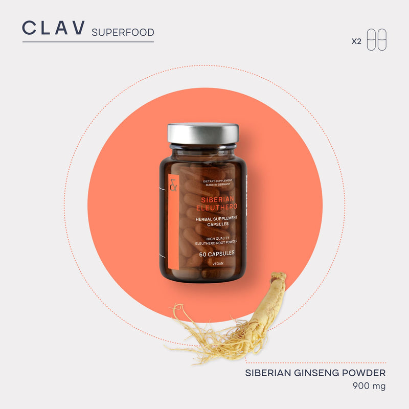 [Australia] - CLAV¬Æ Siberian Ginseng - 900mg Eleuthero Root Powder - Energy Supplement - Reduction of Tiredness & Fatigue - 60 Ginseng Capsules - Made in Germany 
