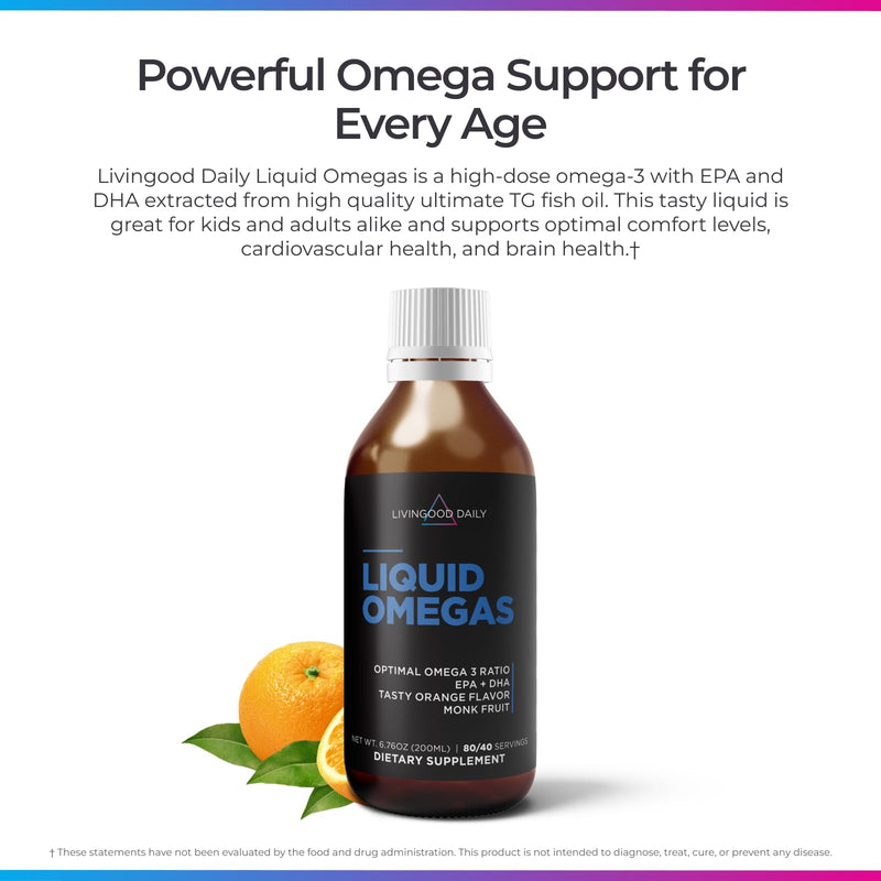 Livingood Daily Liquid Omega 3 Fish Oil, EPA & DHA Supplement, 200ml | TG Fish Oil, Heart Joint Brain Support, Fast Absorbing, Non GMO, Gluten Free, Made in USA, Orange Flavor, 80/40 Servings