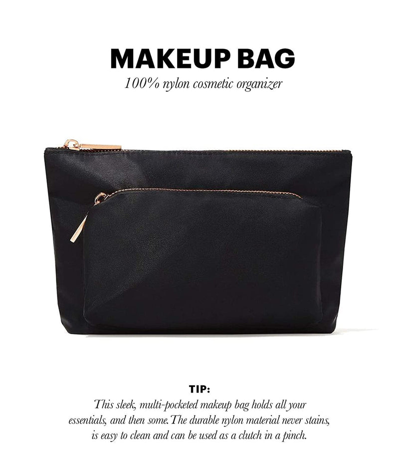Jillian Dempsey Makeup Bag, Everyday 2-Pocket Cosmetic Organizer, Nylon | Medium everyday cosmetic organizer with two pockets and easy-clean nylon. Black with rose gold, travel-friendly.