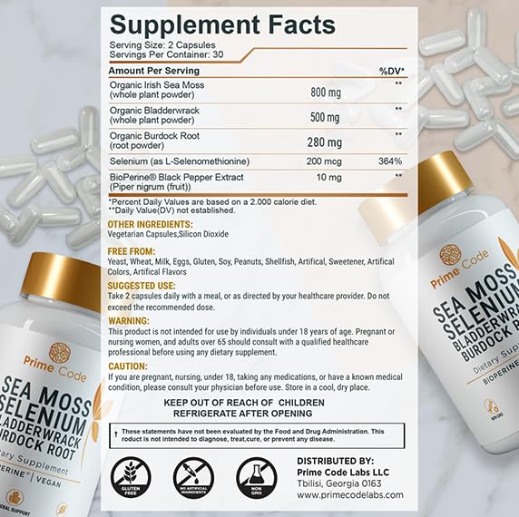 Prime Code Sea Moss Capsules with Selenium – 3-in-1 Blend with Bladderwrack & Burdock Root – Supports Immune Health & Daily Wellness – Vegan – 60 Capsules