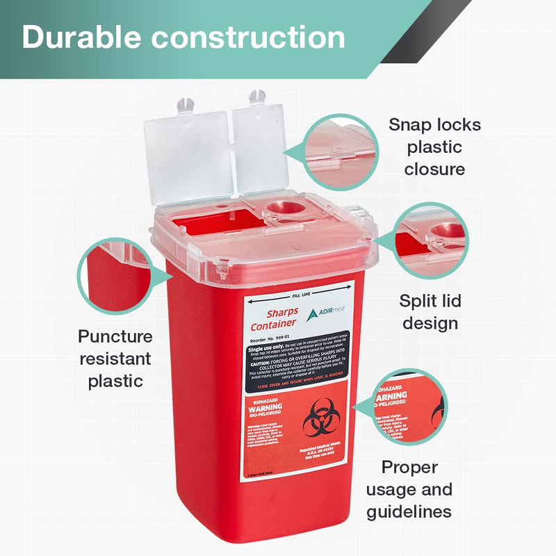 [Australia] - AdirMed Sharps Disposal Container with Flip Open Lid - Biohazard and Syringe Disposal Container - Ideal for Home, Clinic, Office, Barber Use with Flip-Open - (1 Quart, 6-Pack) 1 Quart 32 Fl Oz (Pack of 6) 