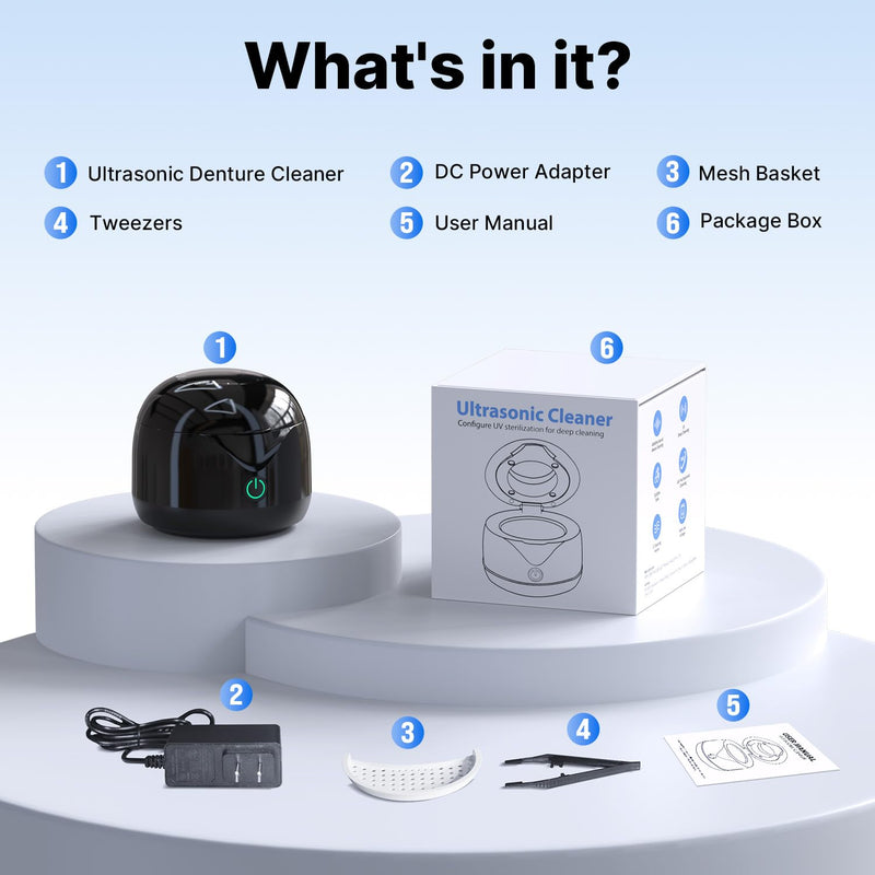 [Australia] - Ultrasonic Retainer Cleaner - UV Dental Cleaning Pod Night Guard Cleaner for Dentures, Aligner, Braces, Toothbrush Heads, Jewelry (Black) Black 