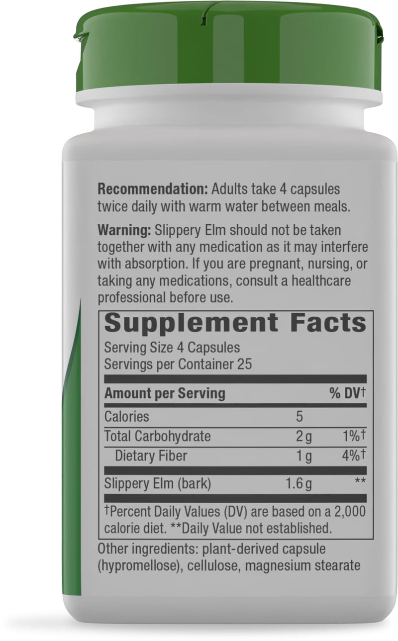 Nature's Way Slippery Elm Bark Capsules, 1,600 mg per Serving, 100 ct | Traditional Digestive Support to Soothe Gastrointestinal Tract*, Traditional GI Support*, Vegan Capsules 100 Count (Pack of 1)
