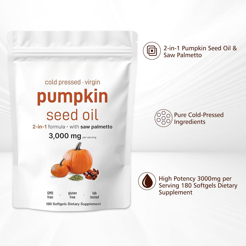 Pumpkin Seed Oil Capsules | Cold Pressed, Pure Virgin Oil, Essential Fatty Acids & Phytosterols 180 Softgels, Good for hair health | Non-GMO