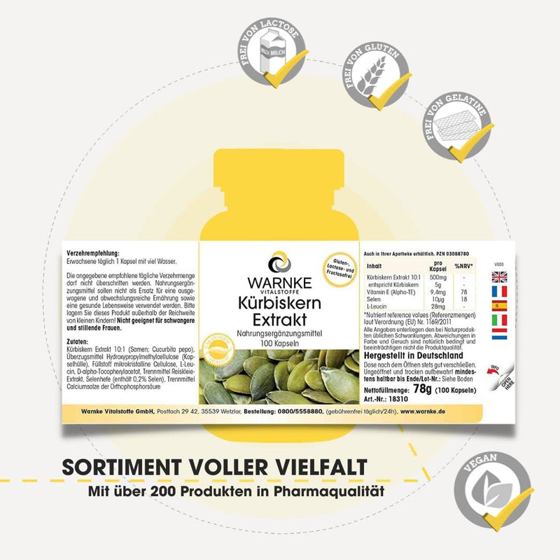 [Australia] - Pumpkin seed extract 500mg - 100 capsules - pumpkin seed plus vitamin E & selenium - high dosage | Warnke vital substances - German pharmacy quality 