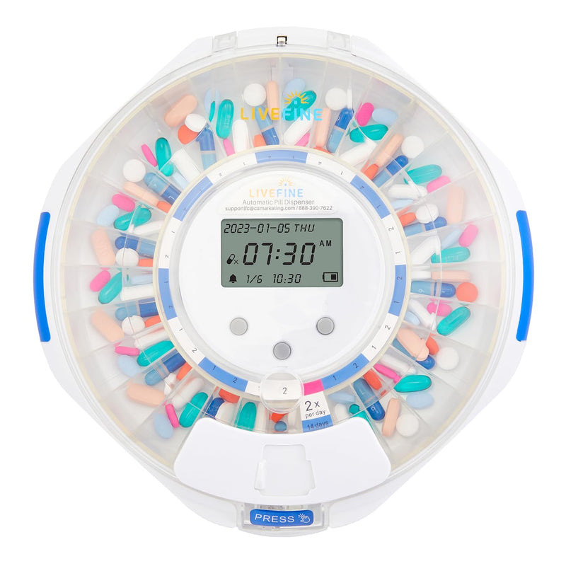 LiveFine Automatic Pill Dispenser with 28-Day Electronic Medication Organizer, 6 Dosage Rings, LCD Display with Sound & Light Alerts, Key & Magnifying Glass for Prescriptions, Vitamins & Supplements Clear Lid