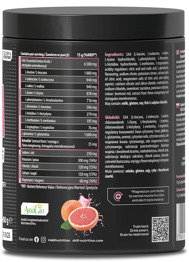 Skill Nutrition EAA + Electrolytes - Pink Lemonade Flavour | 6.5 g EAA per Serving | BCAA 2:1:1, 1000 mg L-Glutamine, Electrolytes & AstraGin® | Powder Supplement | 450 g