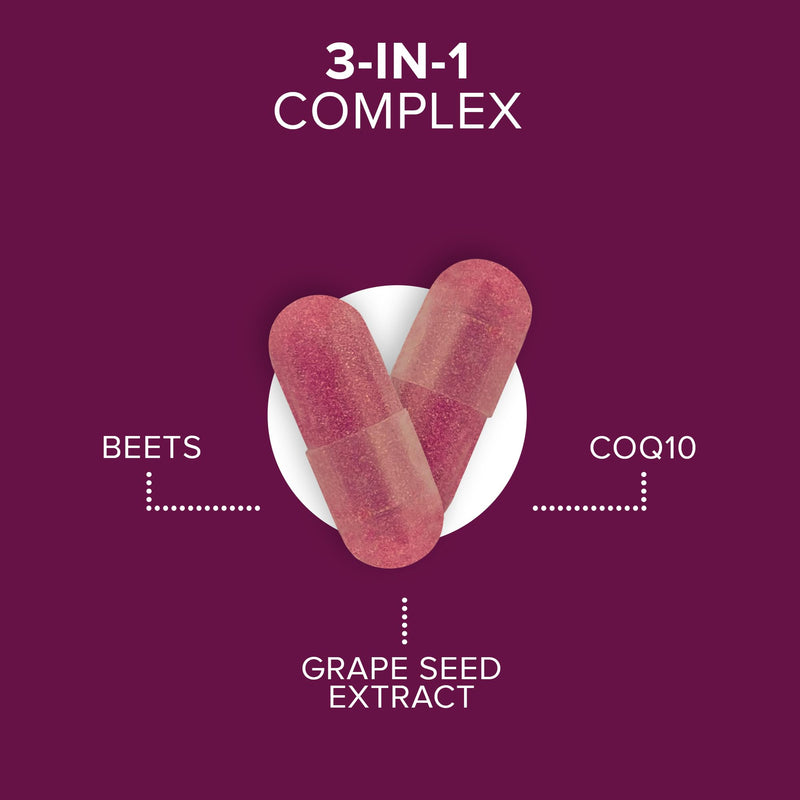 [Australia] - Qunol Blood Pressure Support, 3 in 1 Beets + CoQ10 + Grape Seed Extract, Beet Root Capsules That Supports Healthy Blood Circulation & Heart Healthy Energy, 60 Count (Pack of 2) 120 Count (Pack of 1) 