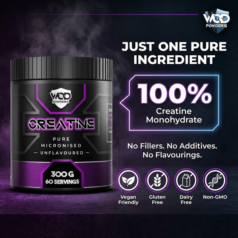 Creatine Monohydrate Powder 300g – Micronised Creatine | Proven to Improve Physical Performance and Recovery | Suitable for Vegans, Unflavoured, Scoop Included - Made in The UK by WOD Powders
