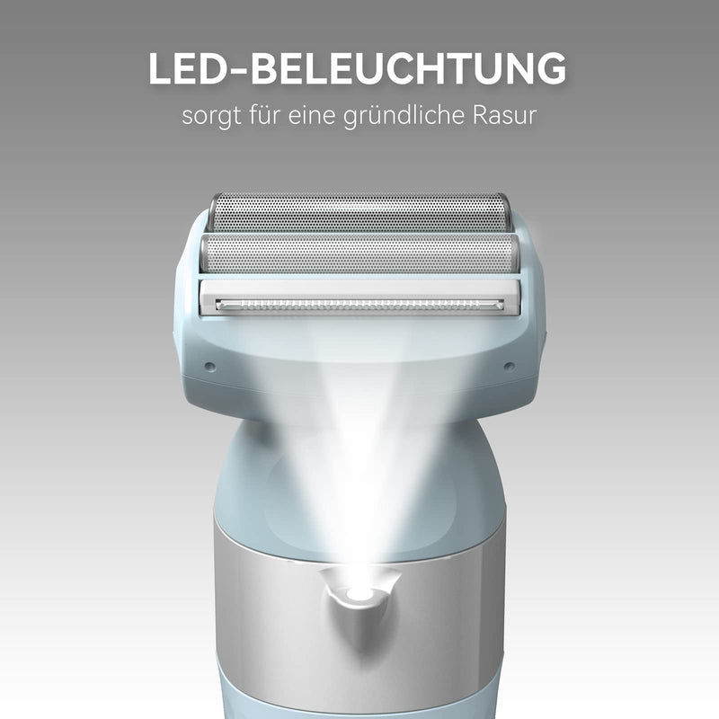 [Australia] - Unibono All-in-one women's razor electric kit, lady shaver electric with LED light for intimate area, bikini razor wet and dry, light blue 