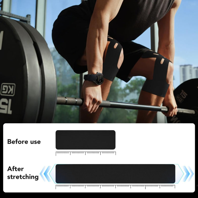 [Australia] - Precut Kinesiology Tape for Knees 12 Pcs, Knee Tape for Knee Pain Relief Pre Cut - Brace & Elastic Supports - Waterproof & Breathable Hypoallergenic Latex - Athletic Tape Black 