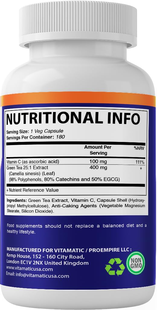 Vitamatic Green Tea Extract with Vitamin C, 25X Concentrate, 98% Polyphenols, 80% Catechins, 50% EGCG, 180 Veg Capsules