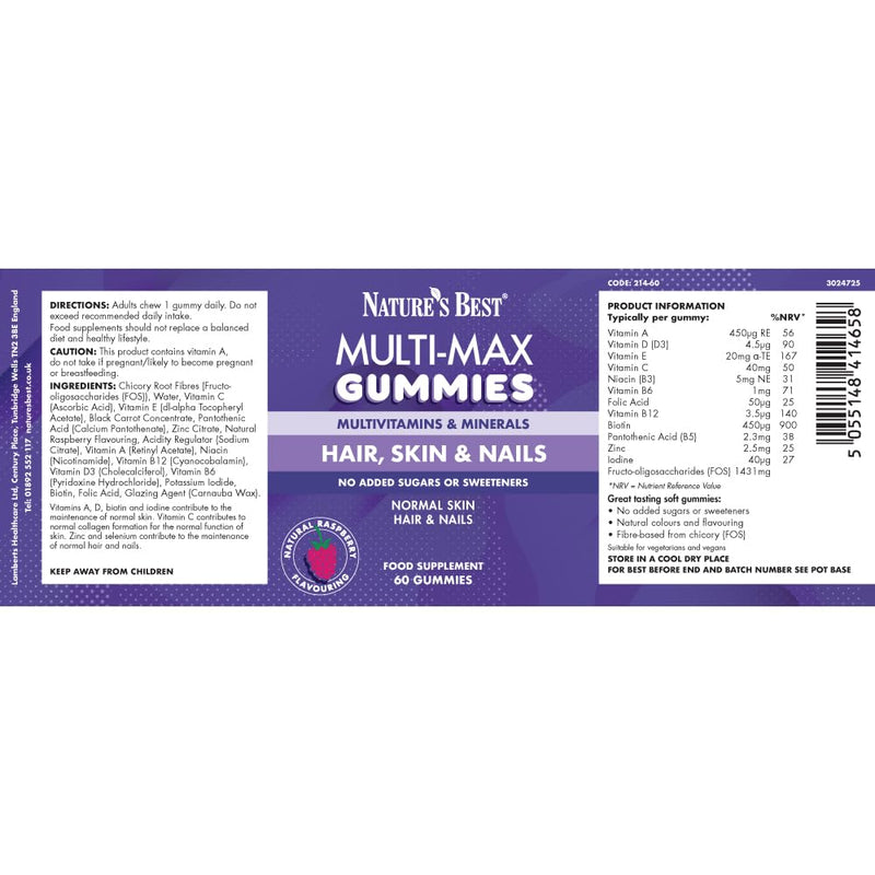Nature’s Best Multi-Max Multivitamin Gummies for Hair, Skin & Nails - with Biotin, Zinc & Vitamin C - Raspberry Flavour - 60 Gummies (60 Day Supply)
