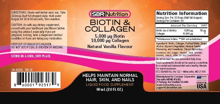 SBR Nutrition Biotin and Collagen Liquid Drops Daily Food Supplement, Vitamins for Hair Growth and Thickening, Skin Health and Nail Strength, 2 oz (60mL)