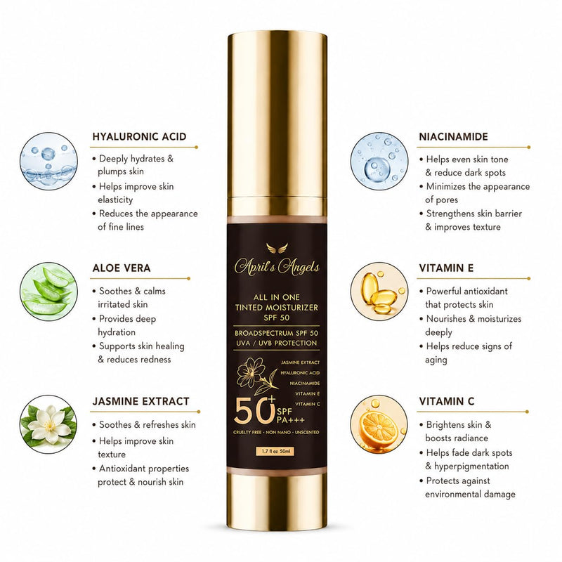 April's Angels All in One Universal Tinted Moisturizer, Broad Spectrum SPF 50 PA+++, with Hyaluronic Acid, Jasmine Extract, Vitamins C and E. 1.7 fl oz | SPF 50