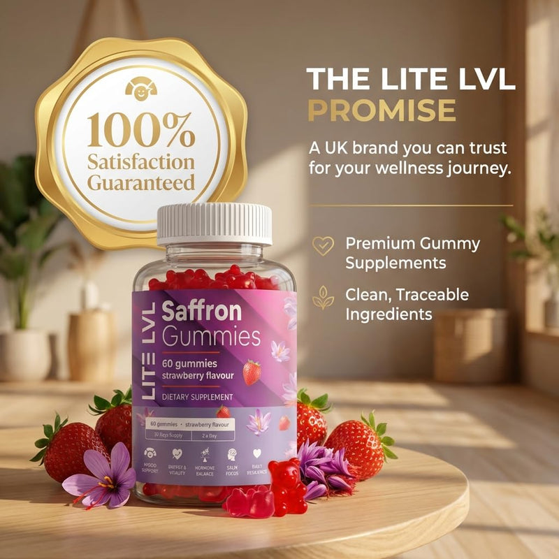 LITE LVL - 60 x Natural Strawberry Flavoured Saffron Extract Gummies - Daily Serving 2 Gummies per Day - Relax Unwind- Rich in Antioxidants - Saffron Supplement