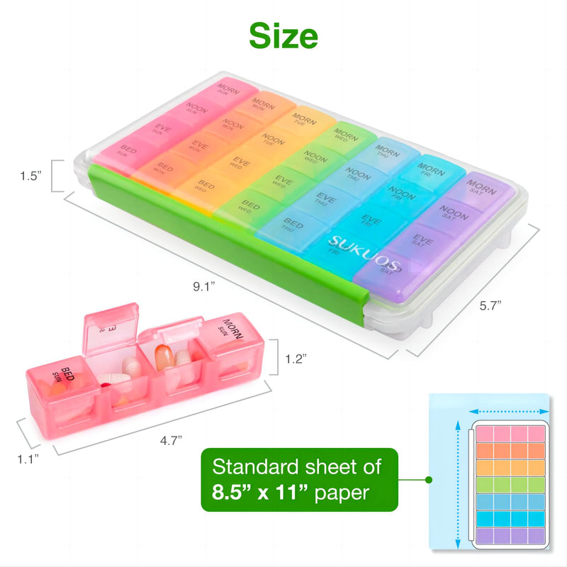 Sukuos Large Weekly Pill Organizer 7 Day (4 Times a Day), Moisture-Resistant Daily Pill Box Medicine Cases for Vitamin/Fish Oil/Supplements - Rainbow Colors Rainbow (1 Pack)