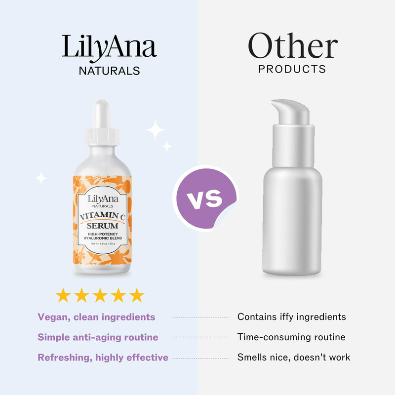 LilyAna Naturals Vitamin C Face Serum with Hyaluronic Acid, 2-Pack | Anti-aging serum with vitamin E helps reduce age spots and sun damage while supporting collagen and elastin. 1 Ounce (Pack of 2)