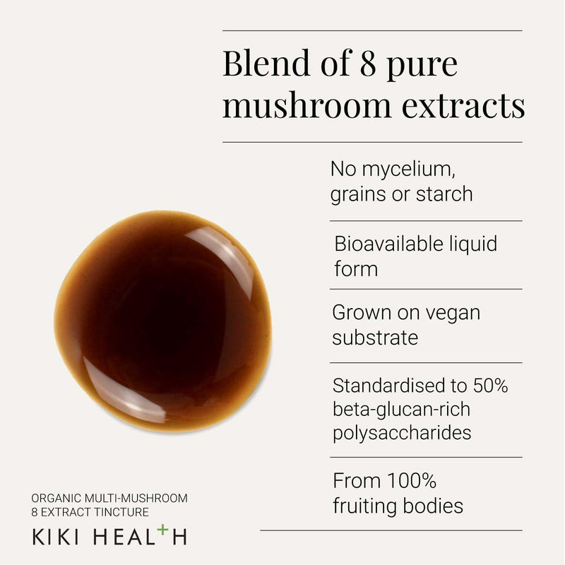 KIKI Health - Organic Multi-Mushroom Extract Tincture - 8 Mushroom Blend for Immune Support, Cognitive Clarity & Stress Resilience - Full-Spectrum Fruit Bodies & Sclerotium - 50ml