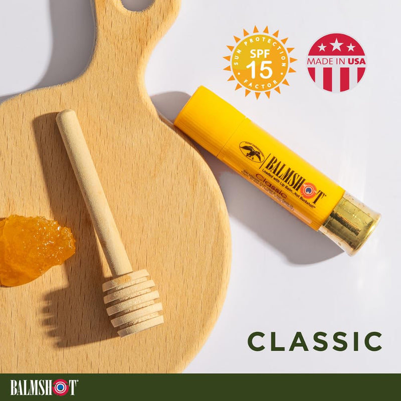 BALMSHOT Lip Balm 4-Pack - SPF 15 Beeswax Formula with Aloe & Vitamin E, PABA Free - Classic, Cool Mint, Vanilla Mint & Pink Camo Vanilla Mint - 20-Gauge Brass Tube - Made in USA