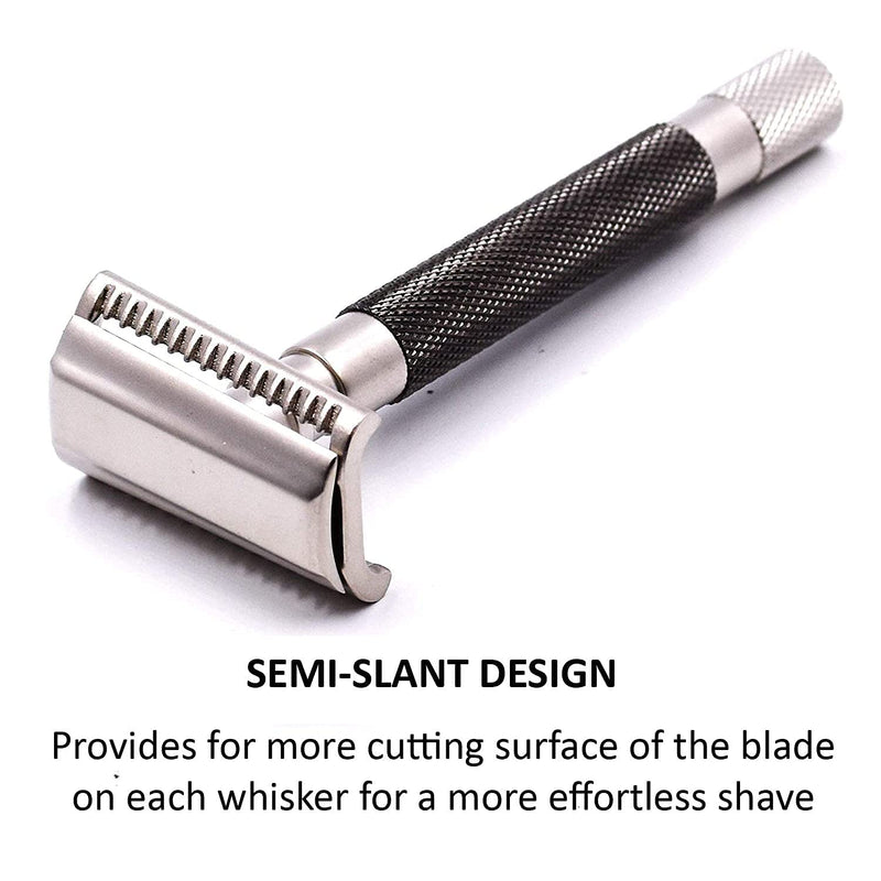 [Australia] - Parker Semi-Slant Safety Razor – Graphite Finish | Close Shaving Double Edge Razor for Sensitive Skin & Coarse Hair | Slanted Precision Head + 5 Platinum DE Blades | Iconic Brand 