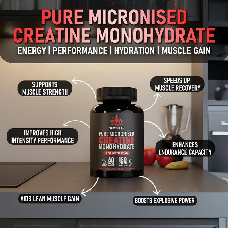 Stronglife Creatine Tablets - 180-1500mg per Tablet, 4500mg Serving, 60-Day Supply, Monohydrate Micronised for Optimal Absorption, Muscle Growth, Performance, Energy Powder, Gummies