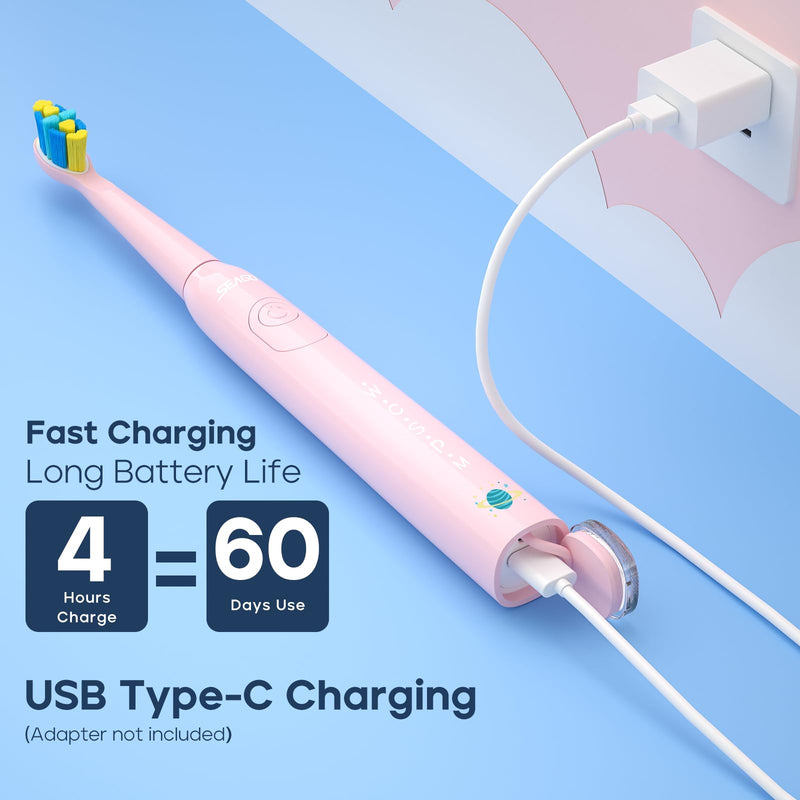 [Australia] - SEAGO Kids Electric Toothbrush, Rechargeable Sonic Soft Bristle Toothbrushes with 8 Brush Heads, DIY Stickers and 5 Modes, Ideal for Kids and Children, Ages 3–12 (Pink) Pink 
