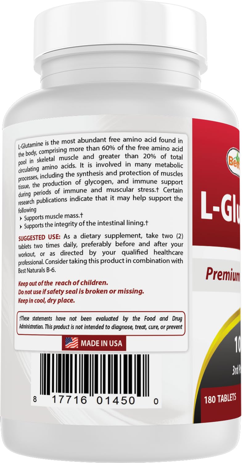 Best Naturals L-Glutamine 1000 mg 180 Tablets - Glutamine Fuel for Workout & Supports Muscle Recovery from Workouts (180 Count (Pack of 2))