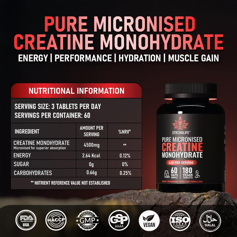 Stronglife Creatine Tablets - 180-1500mg per Tablet, 4500mg Serving, 60-Day Supply, Monohydrate Micronised for Optimal Absorption, Muscle Growth, Performance, Energy Powder, Gummies