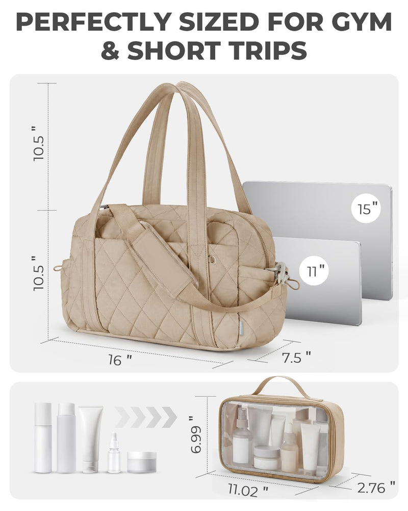Percover Weekender Bag for Women, Ultra Lightweight Travel Duffle, Carry On Personal Item Overnight Bag with Toiletry Pouch & Compartments, Quilted Gym & Travel Bag, Camel Tan