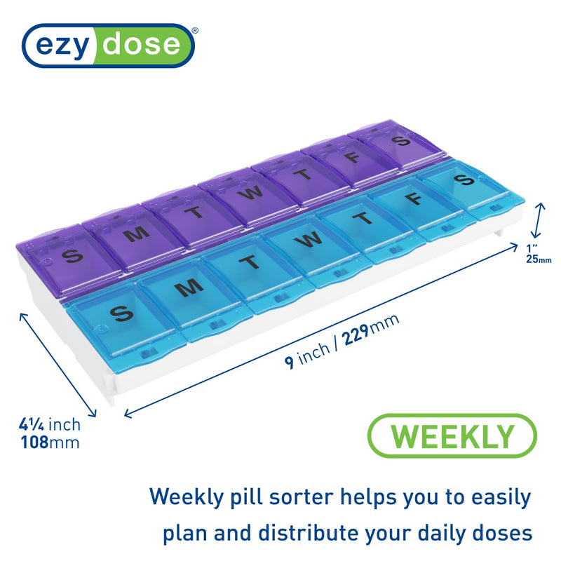 Ezy Dose Weekly (7-Day) AM/PM Pill Organizer, 2XL Planner, Blue/Purple | Daily Medicine, Vitamin & Supplement Case, 2 Times a Day Pop-Up Compartments, Arthritis-Friendly, Travel-Friendly, BPA-Free Blue and Purple