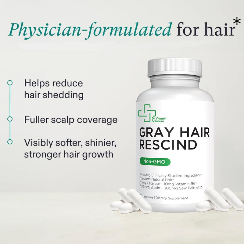 [Australia] - DR Vitamin Solutions Gray Hair Rescind with Catalase - Antiaging Hair, Skin and Nails Vitamins, Pantothenic Acid, Folic Acid 400mcg, Biotin 300mcg, Saw Palmetto for Men and Women 60 Count (Pack of 1) 