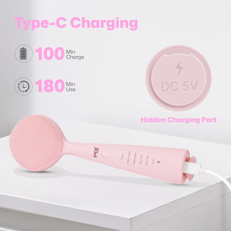 PRITECH Facial Cleansing Brush, Rechargeable Silicone Face Scrubber with Constant-Temperature Heating, Vibrating Exfoliator Scrubber for Deep Pore Cleaning, Waterproof Face Brush for Women & Men -Pink Pink