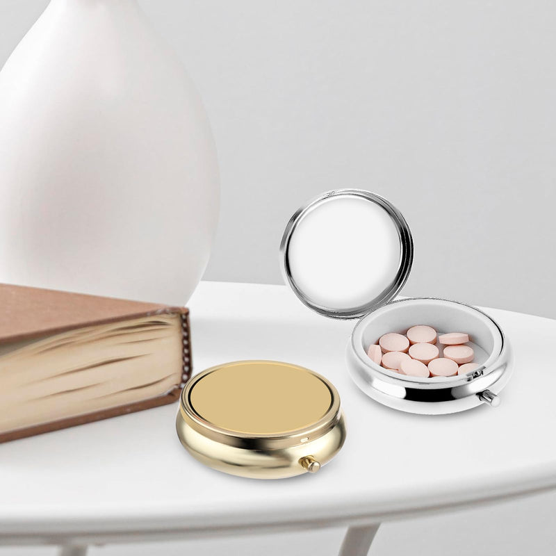 2Pcs Pill Box Small Pill Case for Purse or Pocket, Portable Cute Pill Container Metal Pill Box Decorative Medicine, Vitamin, Fish Oil and Supplements Holder Organizer (Silver&Gold) Silver&gold
