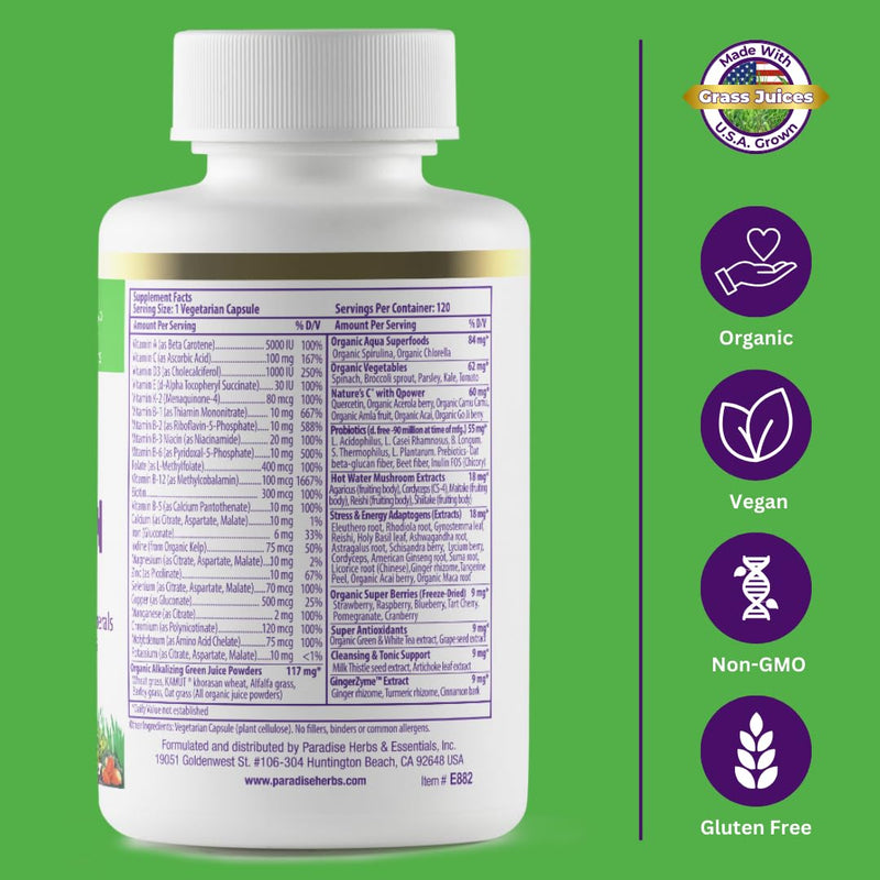 Paradise Herbs Earth's Blend Multivitamin with Iron, 120 Capsules | Once daily dietary supplement with 48 organic superfoods, probiotics, antioxidants, and vitamins A, B12, C, D, K2 120 Count (Pack of 1)