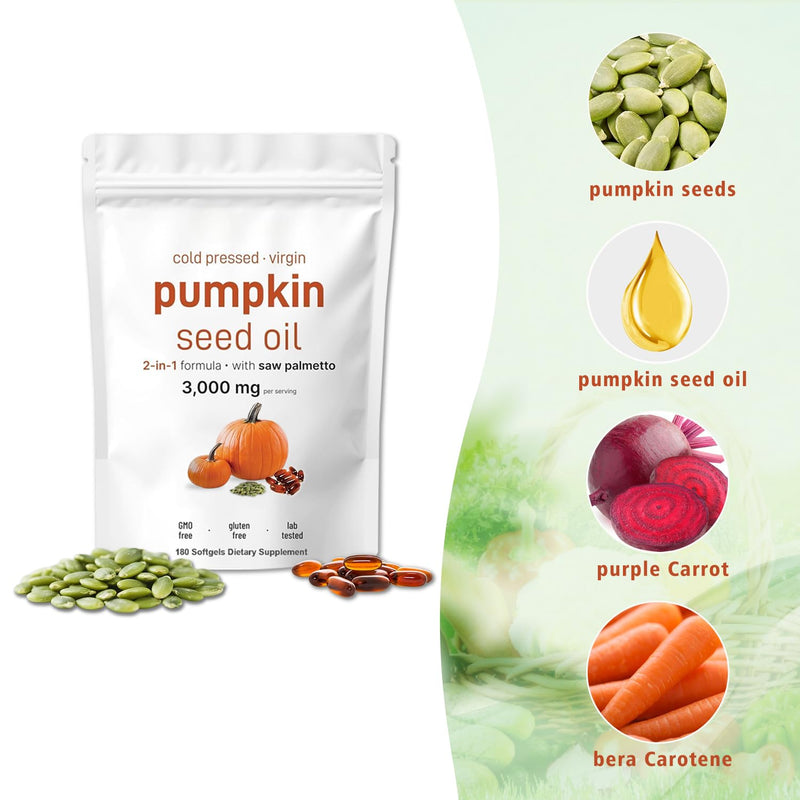 Pumpkin Seed Oil Capsules | Cold Pressed, Pure Virgin Oil, Essential Fatty Acids & Phytosterols 180 Softgels, Good for hair health | Non-GMO
