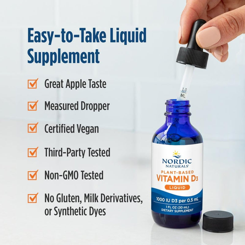 Nordic Naturals Plant-Based Vitamin D3 Liquid - 1 oz - 1000 IU Vitamin D3 - Healthy Bones, Mood & Immune System Function - Non-GMO, Vegan - 60 Servings | Vegan Vitamin D3 from lichen, not lanolin. 1000 IU supports bone health, mood & immune function. L...