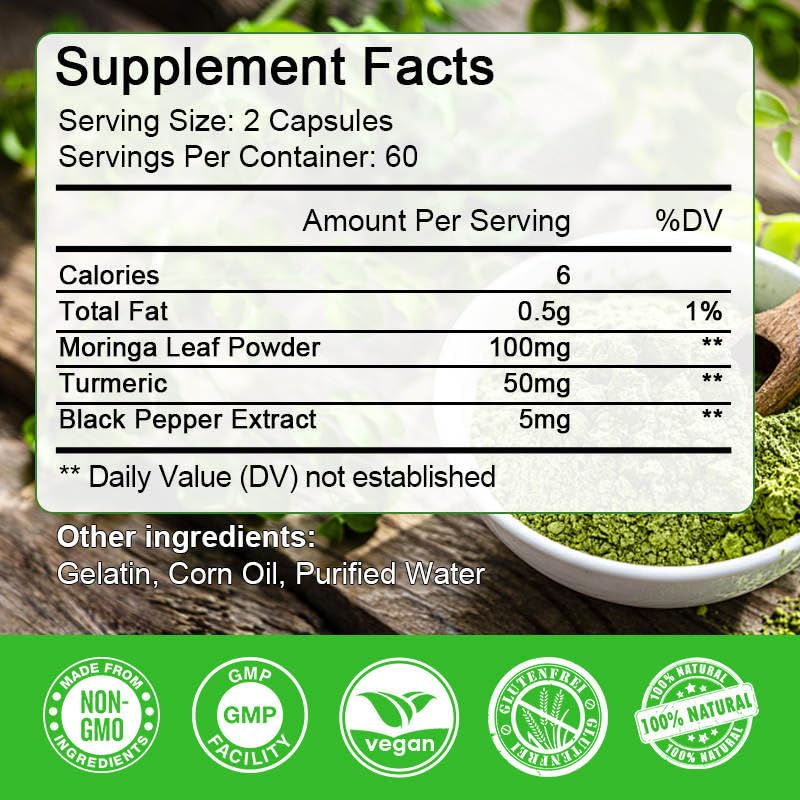 Mighty Organic Moringa: Immune Boosting Capsules with Turmeric & Pepper - 120 Softgels (2 Month Supply)