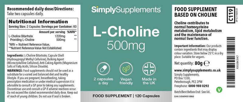 L-Choline Capsules | High-Strength 500mg Active Choline | Suitable for Vegans & Vegetarians | 120 Capsules = 2 Months' Supply | Manufactured in The UK in Accordance with GMP Standards New Label Design