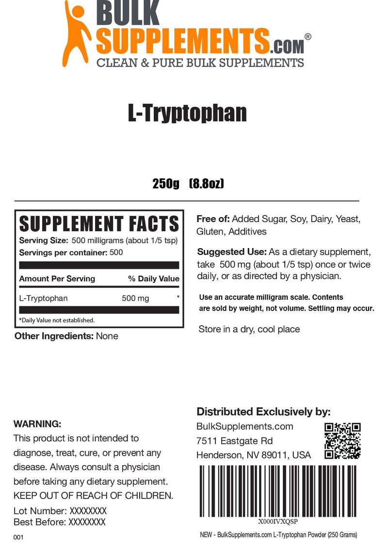 BulkSupplements.com L-Tryptophan Powder - L-Tryptophan 500mg, Tryptophan Supplement - Amino Acid Supplement, Gluten Free, 500mg per Serving, 250g (8.8 oz) (Pack of 1) 500 Servings (Pack of 1)