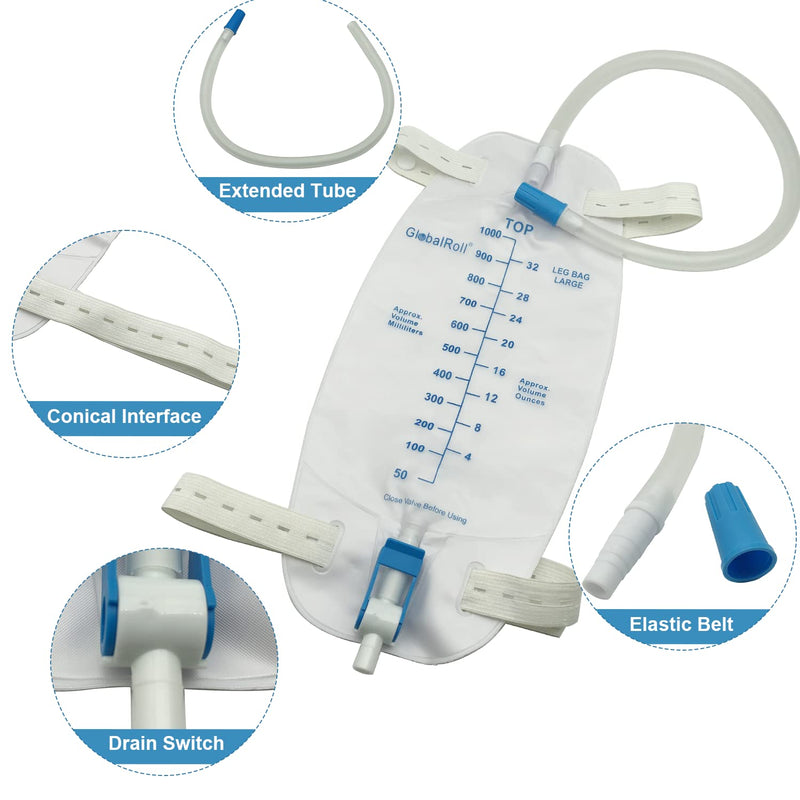 [Australia] - Leg Urinary Drainage Bag, Urine Leg Bag with 1000 mL Volume, 2 Adjustable Elastic Bands, Professional Urinary Bag for Home and Hospitals Health Aids, 5 Pack 