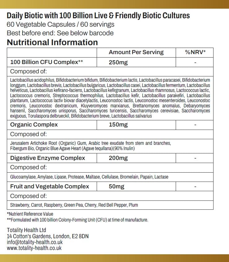Totality Daily Biotic 60 Vegetarian Capsules I 100 Billion CFU Probiotics with 34 Prebiotics & Digestive Enzyme Strains I 2 Month Supply I Daily Digestive Support Supplement