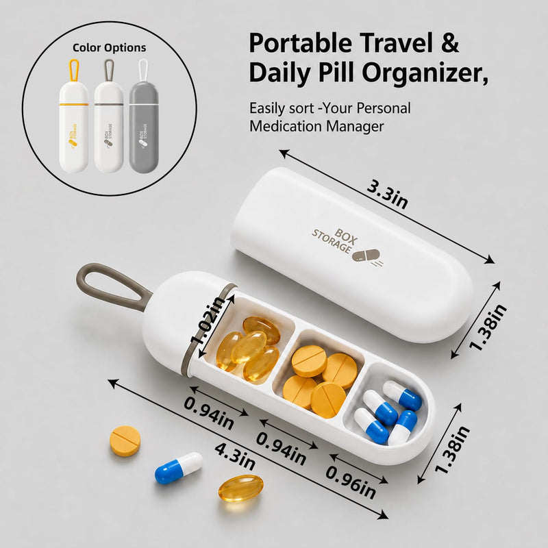 3 Compartment Small Pill Box, Moisture Proof Case, Keychain Pill Holder for Pocket Purse, Daily Portable Medicine Vitamin Container, Fish Oil and Supplement Storage(White Gray) Abs Lime