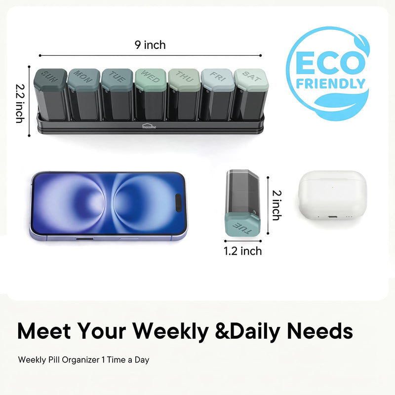 Mossime Large Weekly Pill Organizer 1 Time a Day, 7 Day Pill Box, GraI | BPA-Free, Spill-Resistant, Detachable 1-a-Day Boxes, for Vitamins & Medication, Travel-Friendly, Velvet Pouch