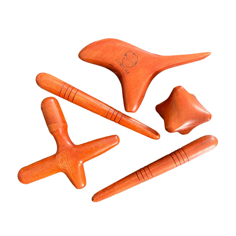 [Australia] - Lungcha 4 Types, 5 Piece Set Traditional Thai Massage Reflexology Wooden Stick Tool (Set of 4 Types Body Hand Foot Massage) 
