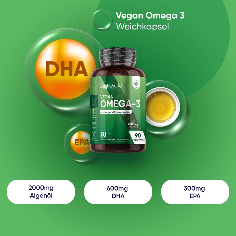 [Australia] - Vegan Omega 3 capsules - 2000mg algae oil provide 600mg DHA & 300mg EPA per day - 90 softgels - Heart, Brain, Vision & Blood Pressure (EFSA) - Free from magnesium stearate, gelatin & gluten - WeightWorld 